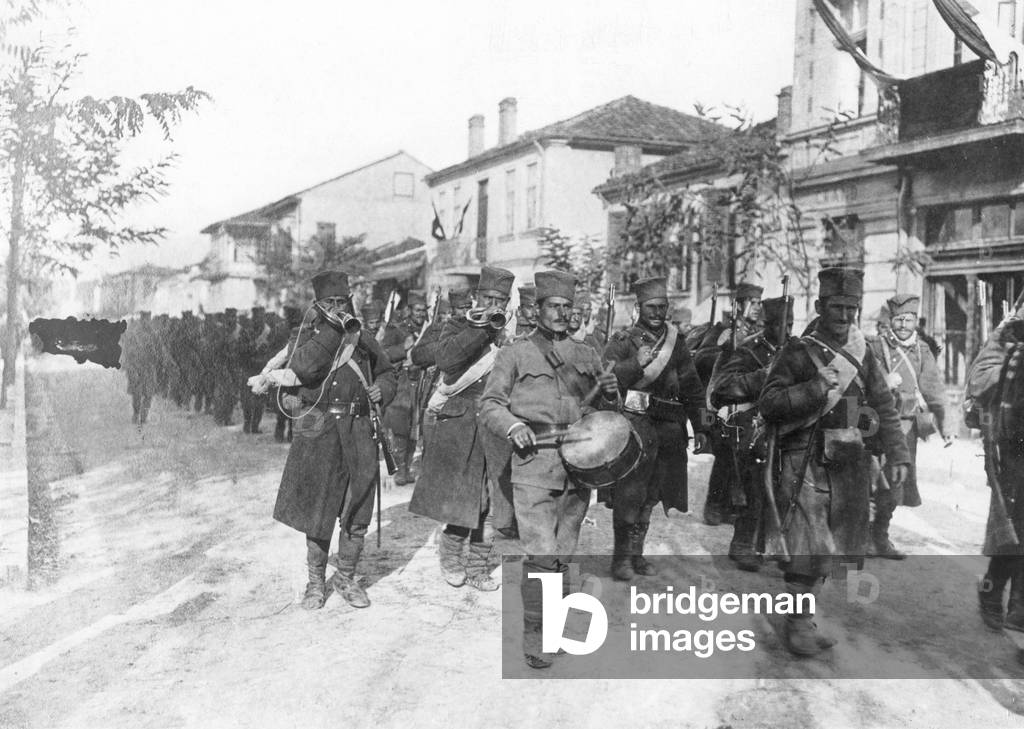 Serbian infantry after the outbreak of the First World War, 1914 (b/w photo)