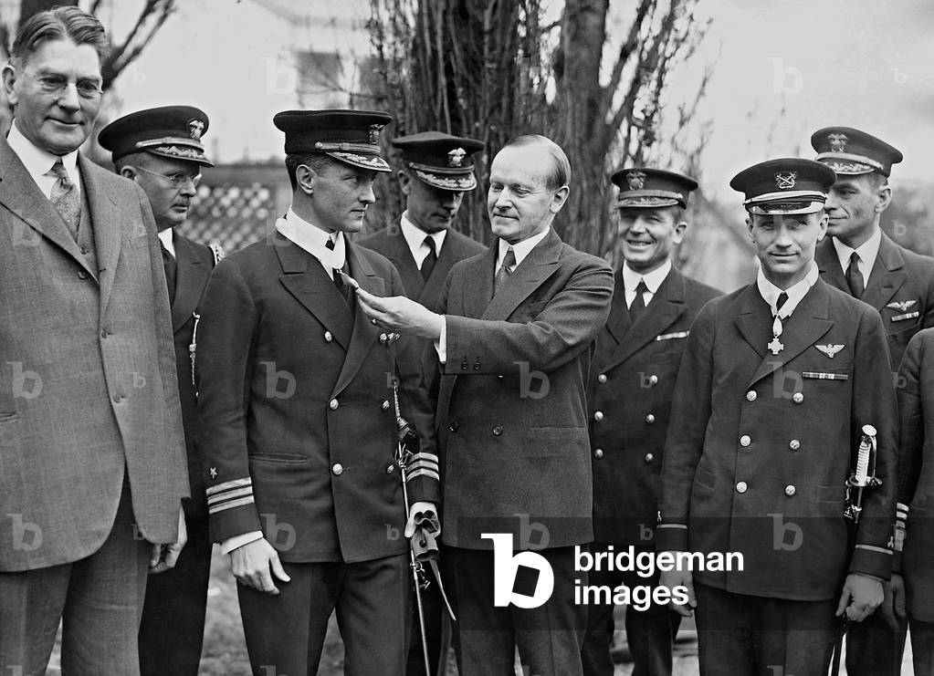Calvin Coolidge, Richard Byrd, Curtis Wilbur and Floyd Bennett, 1927 (b/w photo)
