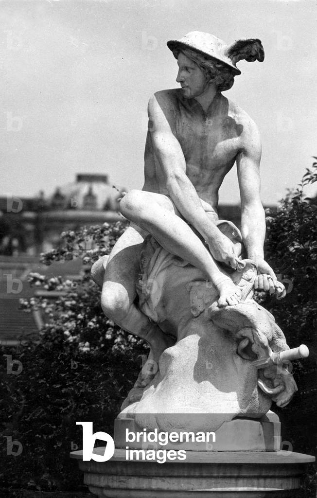 Hermes statue in the park of Sanssouci, Germany, 1936 (b/w photo)