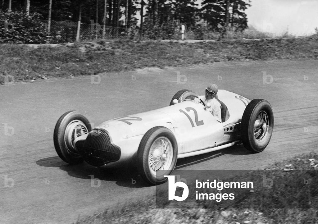 Manfred von Brauchitsch in his Mercedes on the Nuerburgring, 1938 (b/w photo)