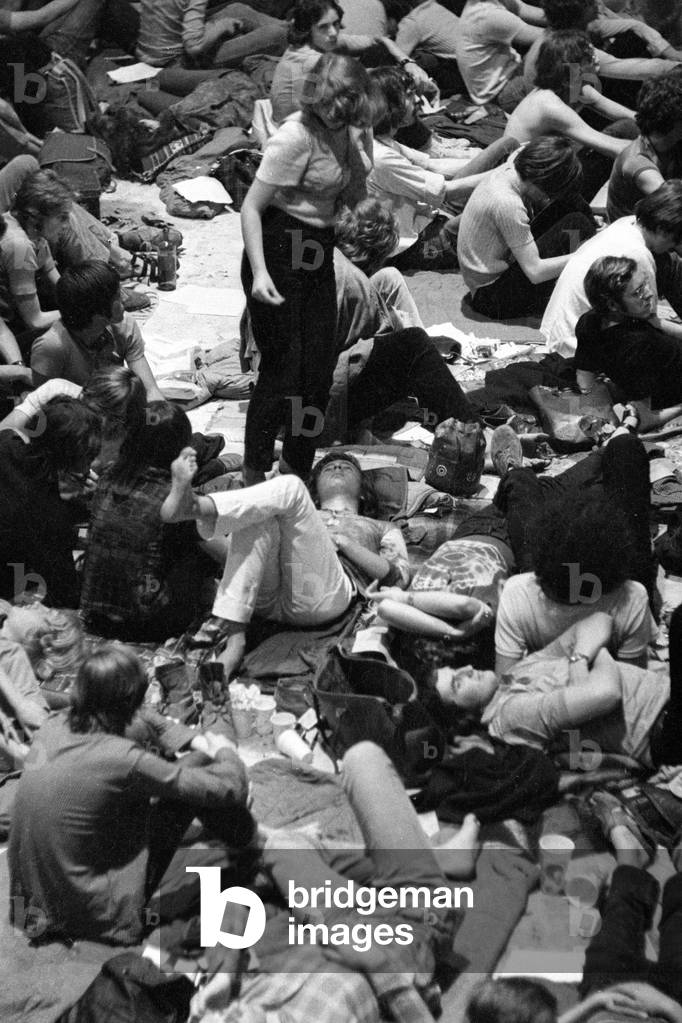 Crowd at a rock festival in Munich, 1970 (b/w photo)