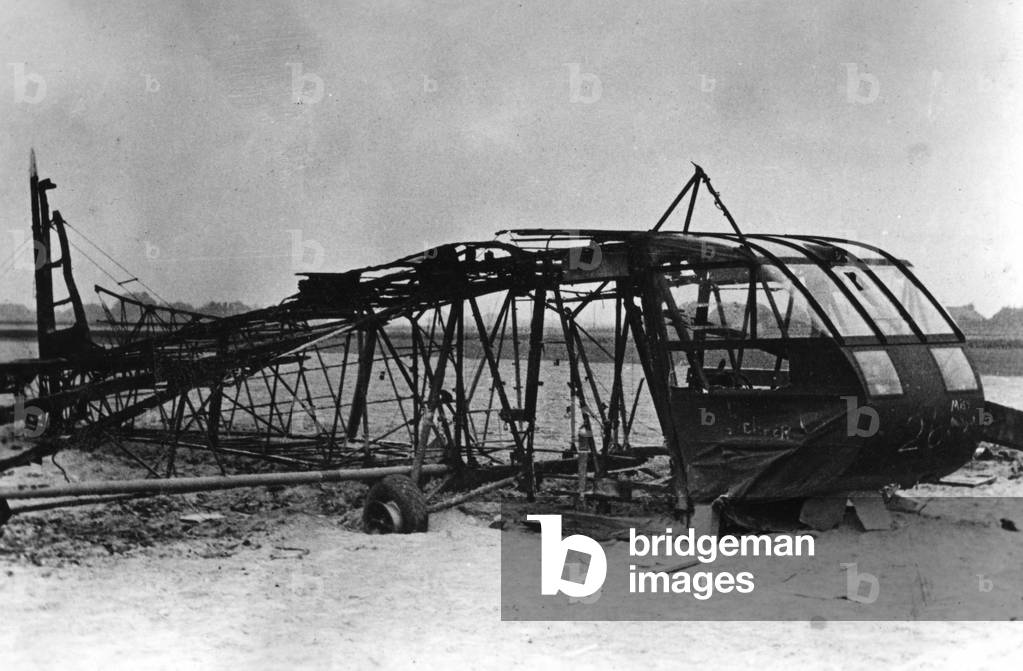 Wreckage of a plane destroyed during Operation Market Garden, World War Two, Netherlands, 1944 (b/w photo)