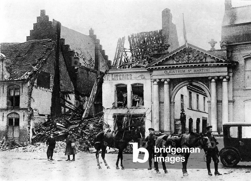 Destroyed houses in Ypres (b/w photo)