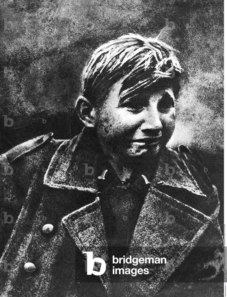Portrait of a German child-soldier during the last days of WWII, Luesewitz, 1st March 1945, (b/w photo)