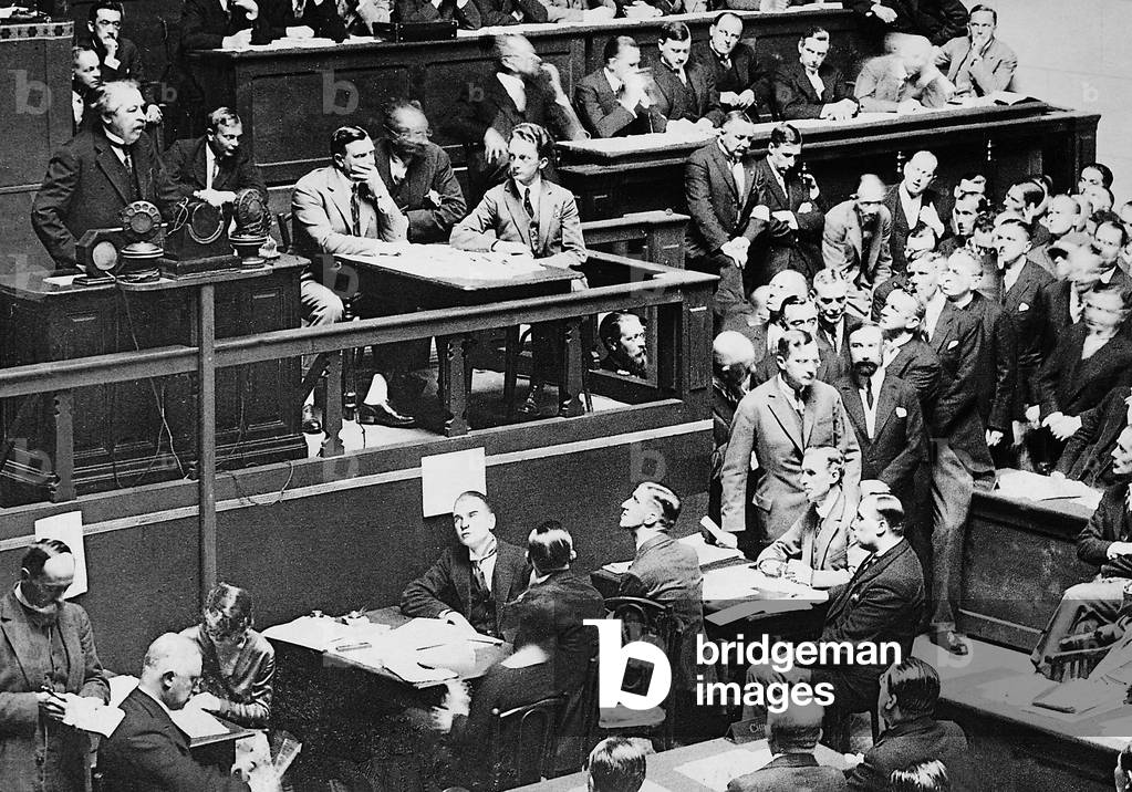 Aristide Briand during a speech before the League of Nations, 1926 (b/w photo)