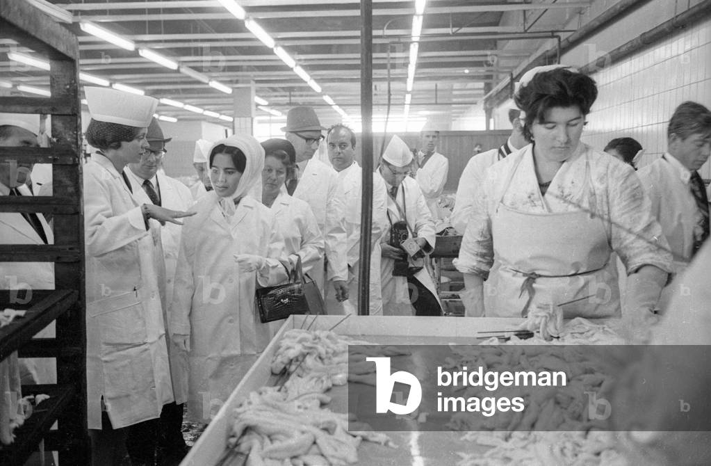 The Thai royal couple in a fish factory in Bremen, 1966 (b/w photo)