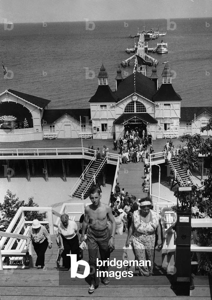 View on the pier of the Baltic Sea resort Sellin. (b/w photo)