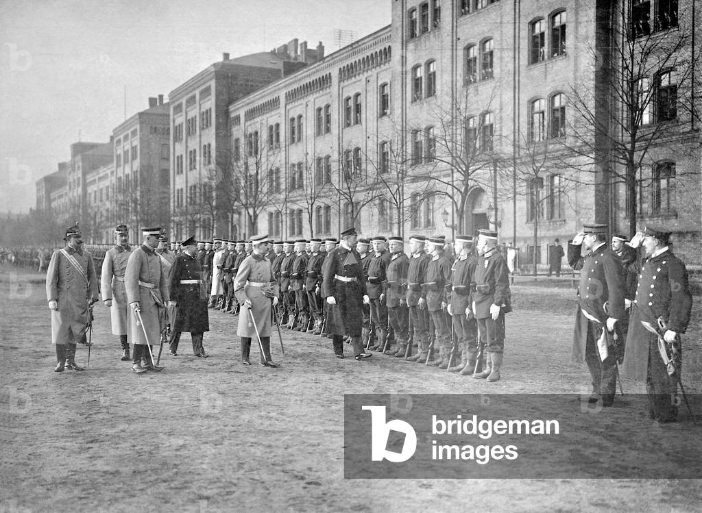 Prince Heinrich at a roll call of an expeditionary force for German South West Africa, 1904. (b/w photo)