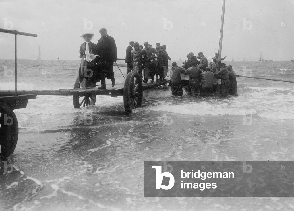 Tourists reach land on Helgoland, 1909 (b/w photo)