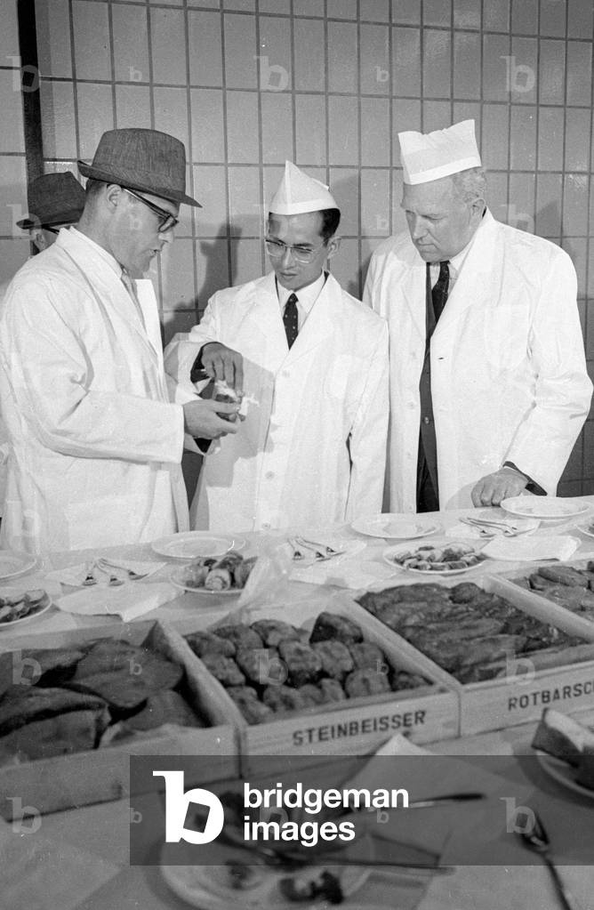 The Thai royal couple in a fish factory in Bremen, 1966 (b/w photo)