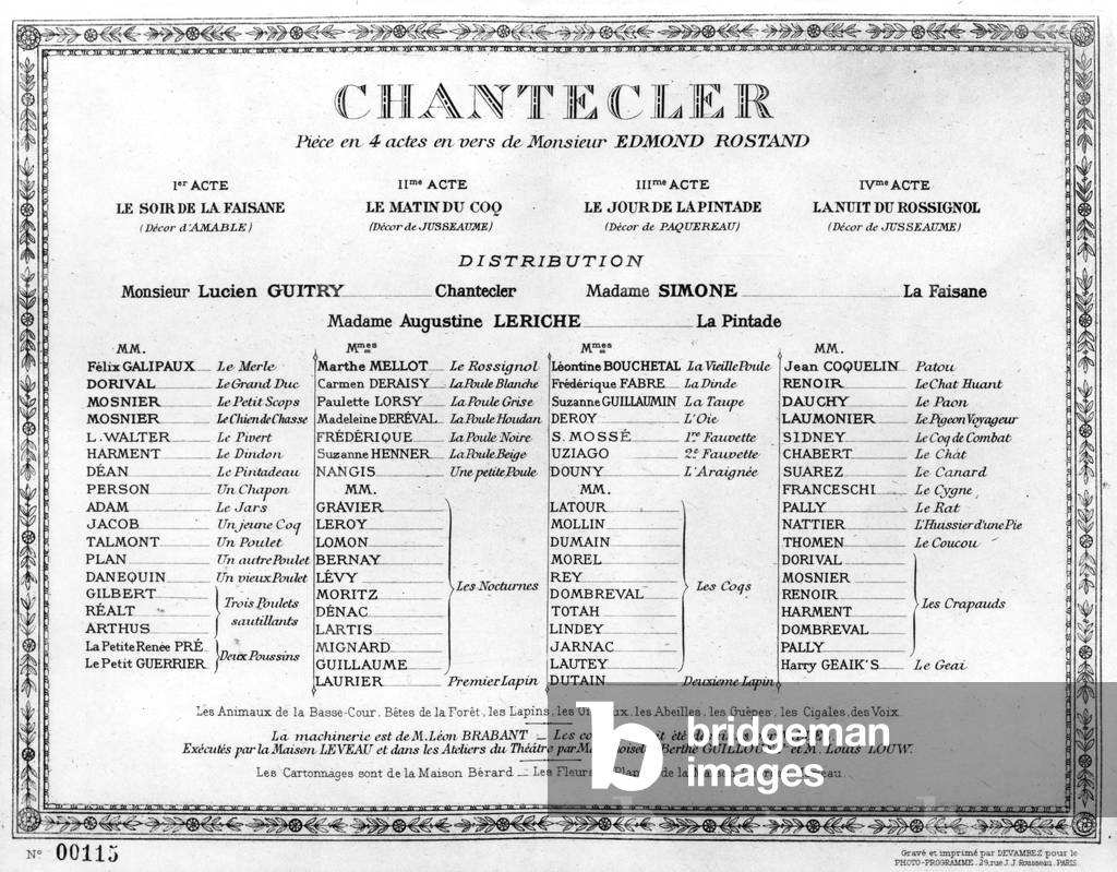 Programme of play Chantecler by Edmond Rostand, Paris, 1910
