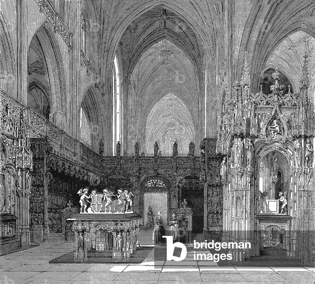 Choir of Brou church in Bourg-en-Bresse, France, 19thcentury engraving