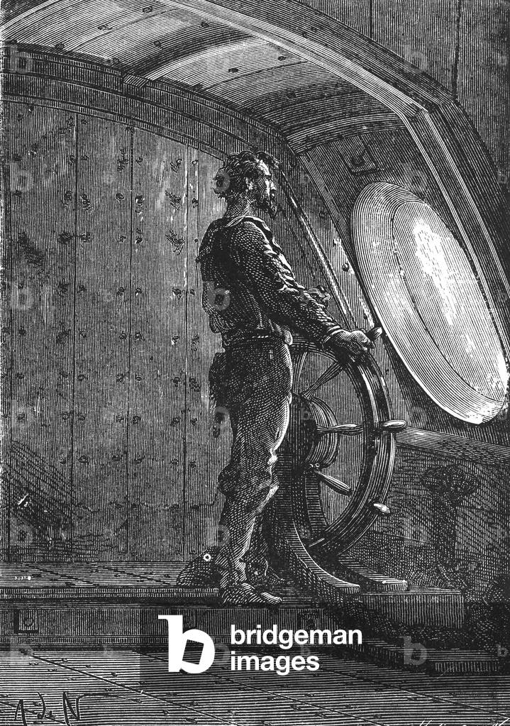 Captain Nemo at the helm engraving from a 19th century edition of Jules Verne's 