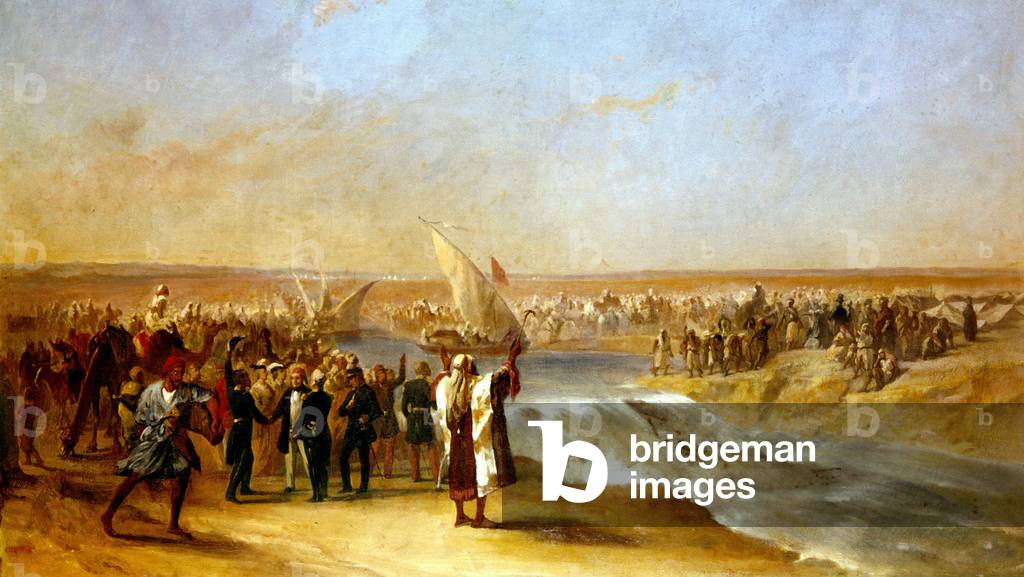 Cutting through the final section of basin in the Suez plain by His Excellency Ali Pascha on 15th August 1869 (oil on canvas)