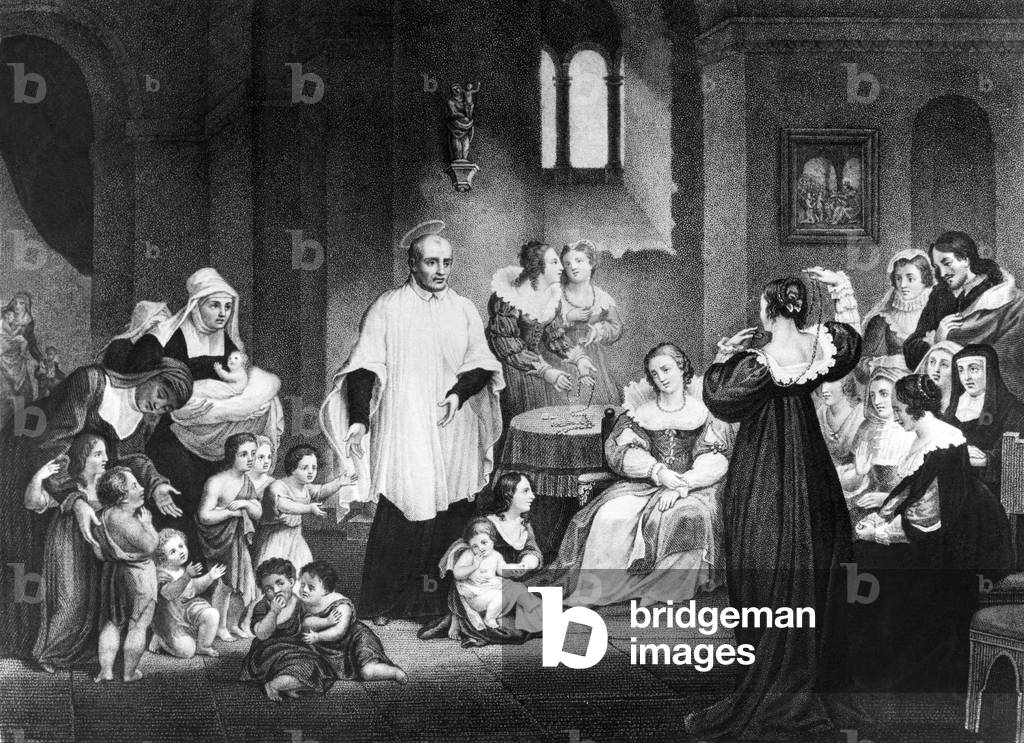 St Vincent de Paul (1581-1660) taking care of the orphans, engraving