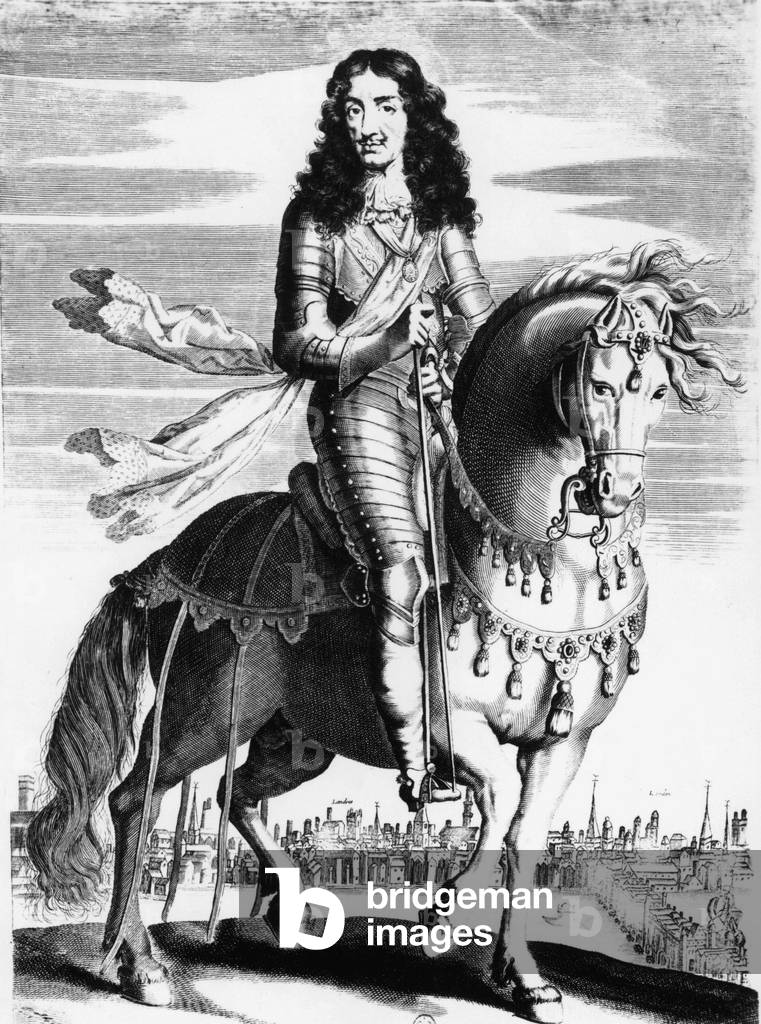 Charles II (1630-1685) king of England in 1660-1685, equestrial portrait, engraving