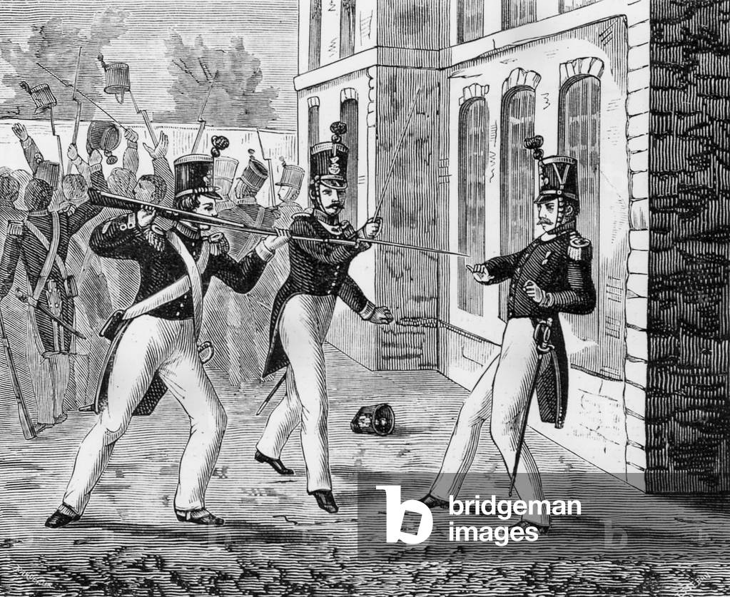 Boulogne-sur-Mer conspiracy, France, august 1840 : duc of Persigny wantes to killa captain who doesn't want to take part into coup d'etat, lieutenant Aladenize stop him, engraving