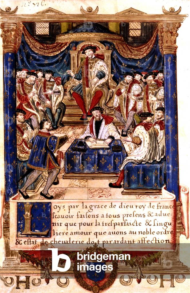 statute of Saint Michel royal order : French king Henry II (reign in 1547-1559) presiding meeting with Anne de Montmorency, Claude Gouffier, Jean de Bourbon and Claude de Lorraine - trone throne France