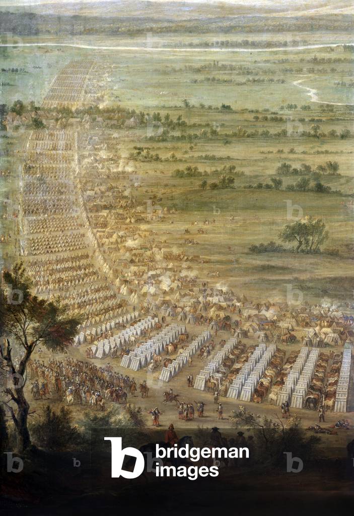 Siege of Dole, France, june 1674, by troops of frenhc king Louis XIV, detail from a apinting by Jean Paul