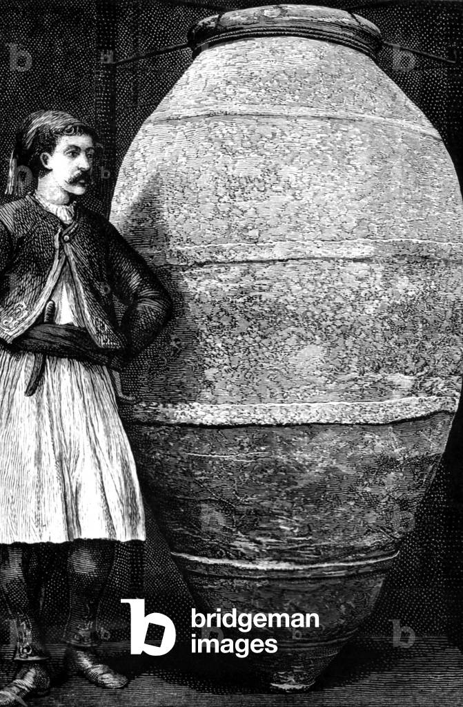 huge amphora found during the excavations in Troy (Asia Minor) 1873, engraving