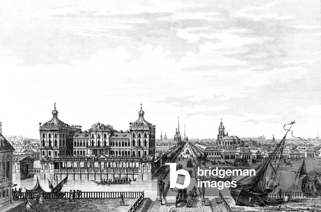 View of the new palace and the Anitschki triumph arch in Saint Petersburg in Russia, c. 1750, engraving