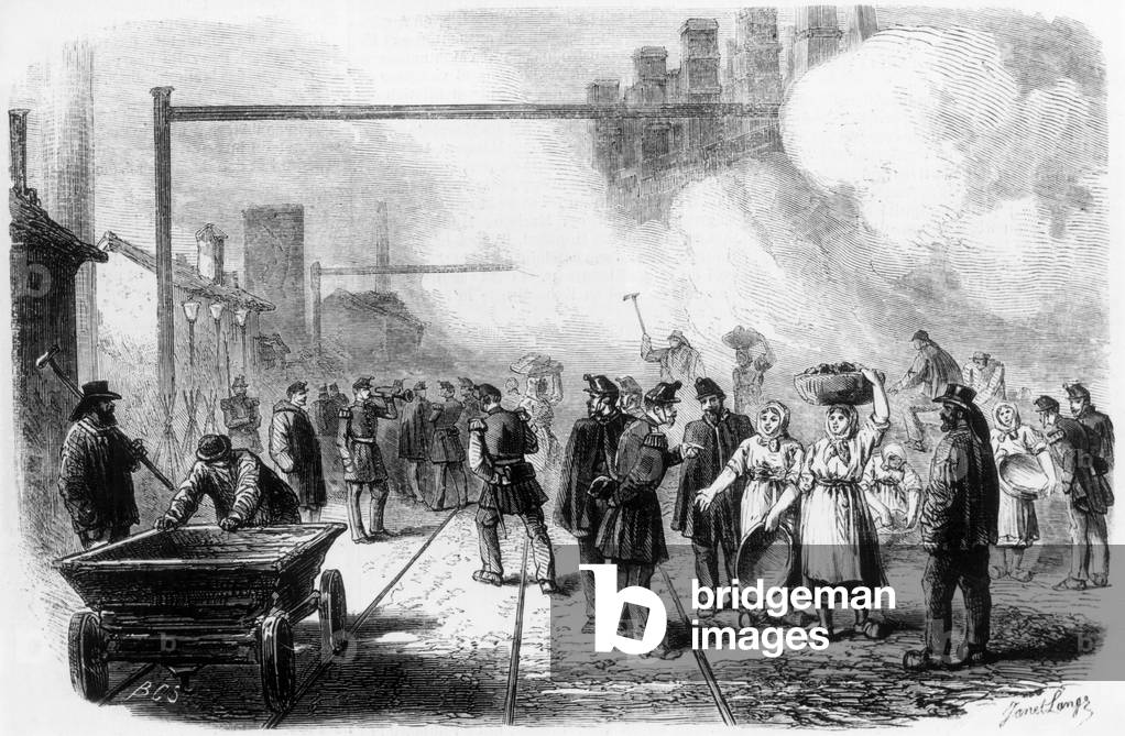 Workers on strike at Le Creusot (France, steel industry) 1899, because of deterioration of work conditions and salaries, engraving
