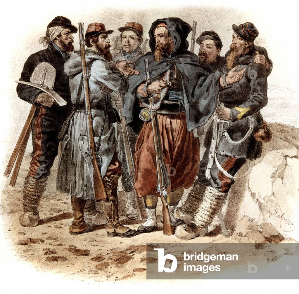 Various military suits 19th century, engraving