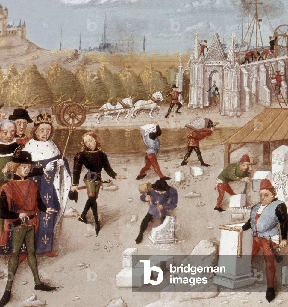 French king Dagobert 1st (600-639, king in 629-639) founding saint Denis church, illumination by Robinet Testard from 