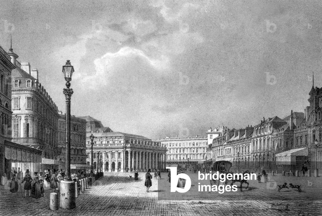 View of Bordeaux (France) with on l in the background the theatre, engraving by Deroy after Chapuy, c. 1839