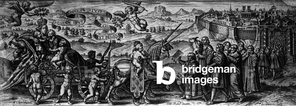 Allegory of entrance of French queen Catherine de Medicis (1519-1589) in Paris on june 18, 1549, engraving by Gaultier after Rabel and Le Clerc