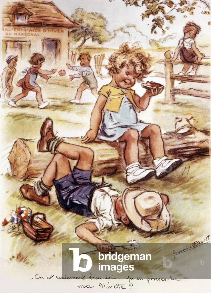 French propaganda drawing for government of Vichy : here children on holidays thanks to help of Petain, ww2, drawing by Germaine Bourret