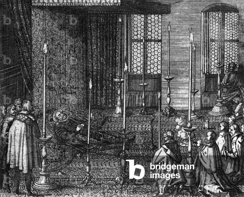 Rudolf II (1552-1612) Holy Roman Emperor on his death-bed in Prague, engraving