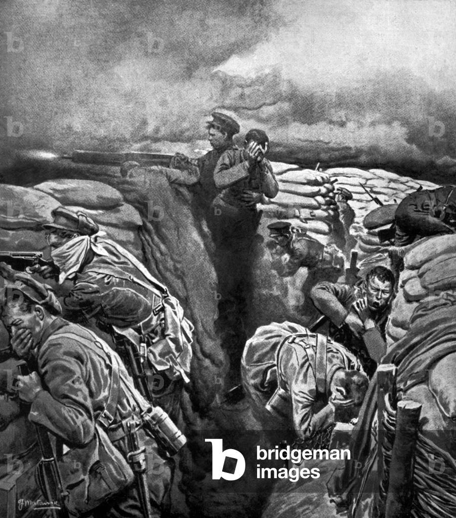 Ypres battle, 1915 : attack with mustard gas in trenches, illustration