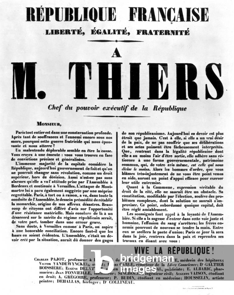Petition for Adolphe Thiers about Paris Commune civil war, and Assembly 1871