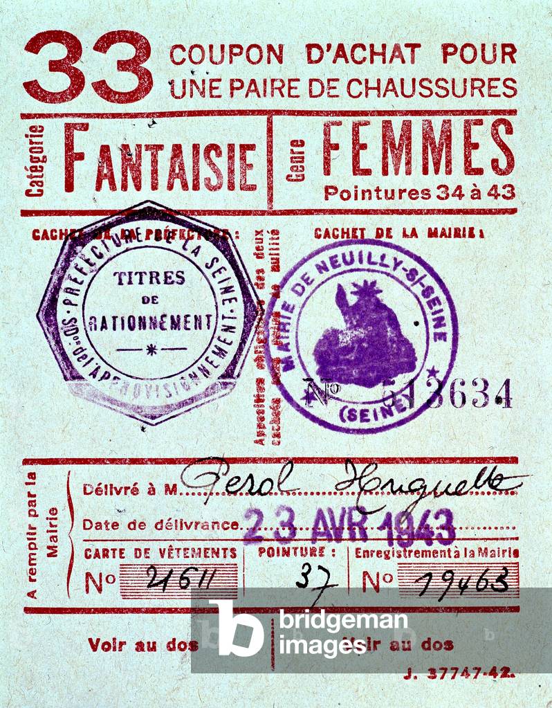 coupon card for shoes dating april 1943 during german occupation in France
