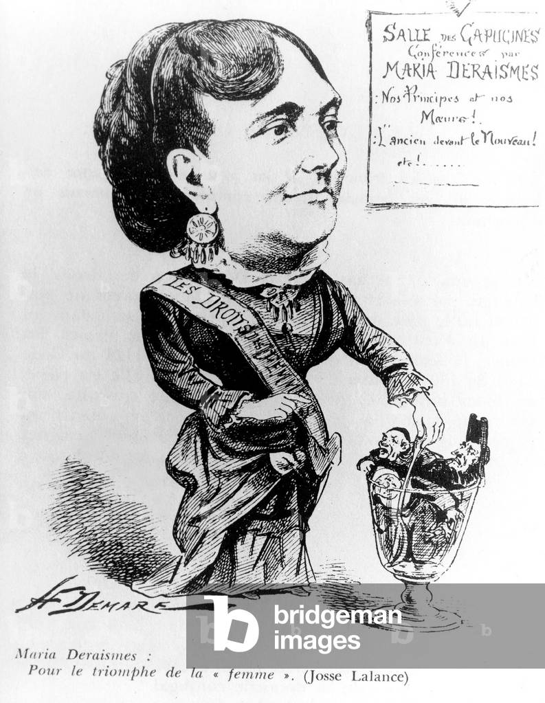 Marie Deraismes (1828-1894) feminist, activist for rights of women, she created a mixed masonic lodge, cartoon by Demare