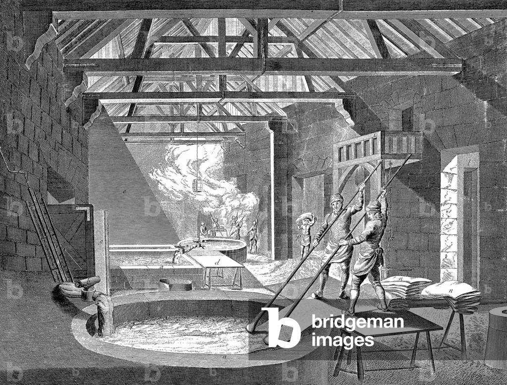 Cloth dyeing workshop named les Gobelins in Paris 17th century, engraving