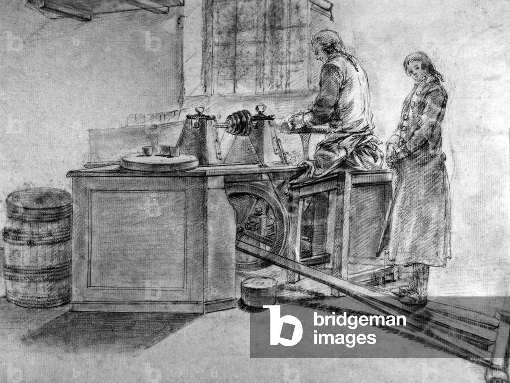 The manufacture de Sevres (procelein factory, Sevres, France) : polishing, 18th century, drawing