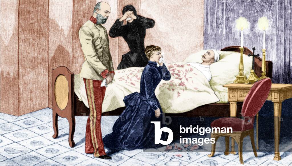 Prince Rudolf of Habsburg (1858-1889) Archduke and crown prince of Austria , only son of emperor FrancoisJoseph , here on his death bed after he committed suicide with his mistress Marie-de-Vetsera january 30, 1889 (Mayerling affair), surrounded with his father emperor Francois Joseph, his mother empress Elizabeth (Sissi) and his wife Stephanie of Belgium, engraving colourized document