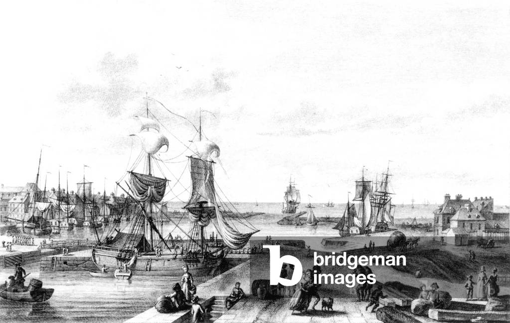 Cherbourg harbour, Normandy, France, engraving 1776