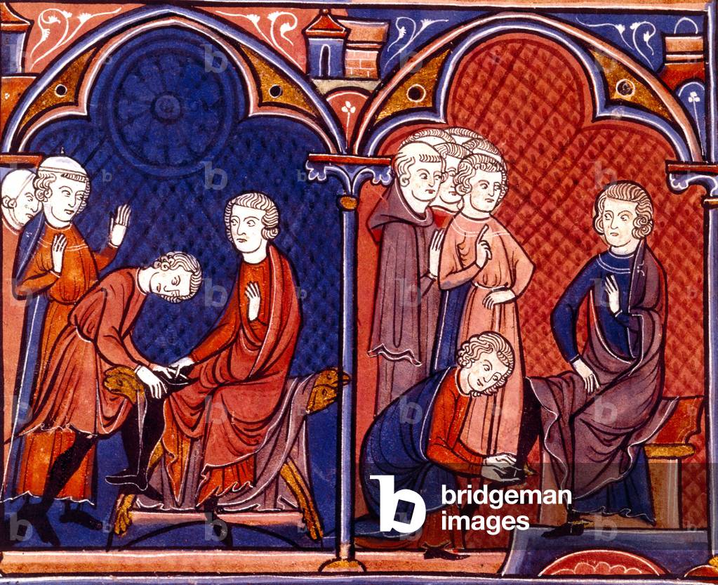 French king Philip III (reign 1270-1285) with chamberlain and duke of Burgundy, illumination from book 