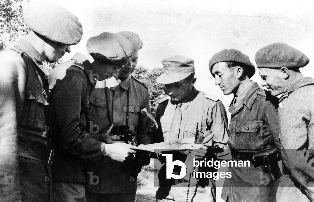 Operation Barbarossa : romanian and german soldiers looking at the map in Kouban in 1941 on the russian front