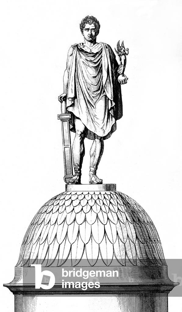 statue of French emperor Napoleon 1st by Chaudet in 1810-1814, engraving