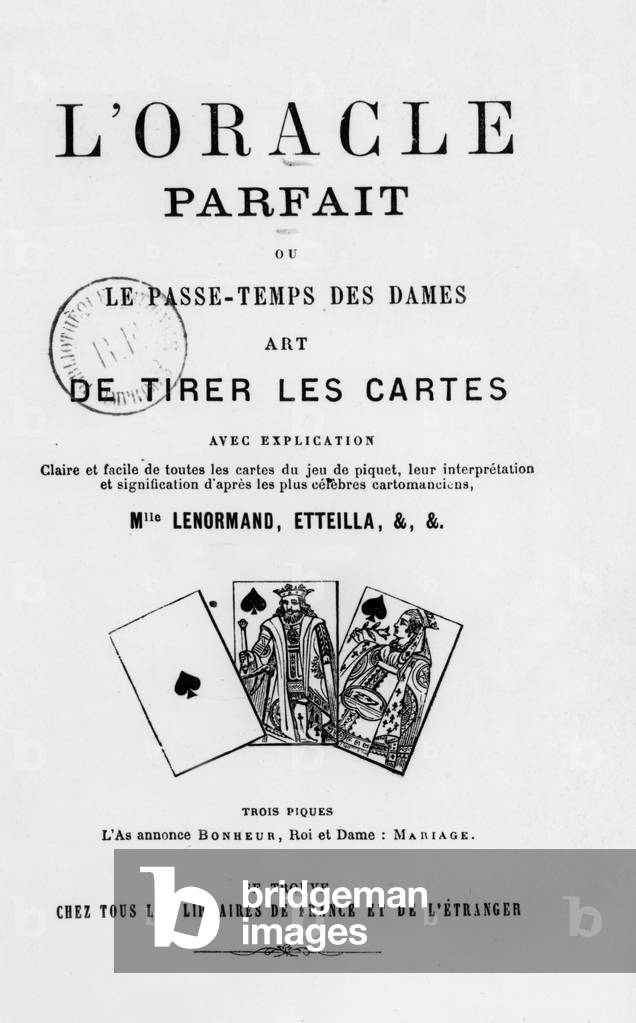 Advert for book about telling the cards by Marie-Anne Le Normand, Etteila..., 1875
