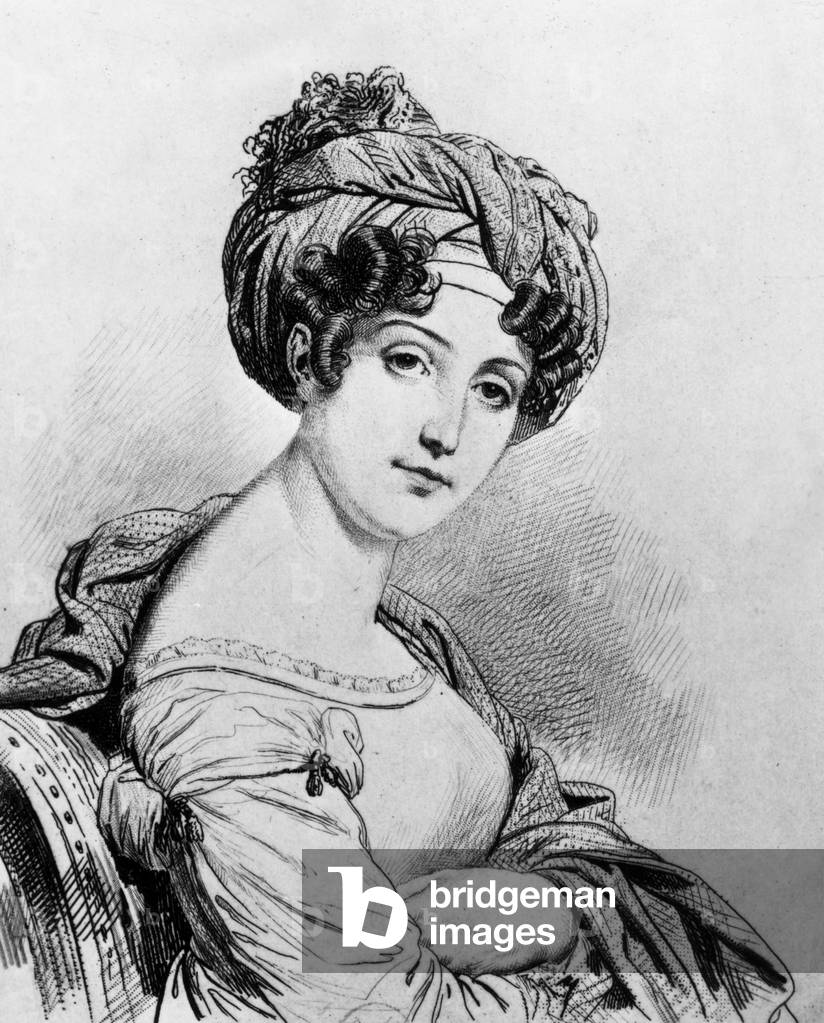Albertine de Stael duchess of Broglie (1797-1838) daughter of Mme de Stael, engraving by Bazin in 1854 after a drawing by Gerard made in 1820