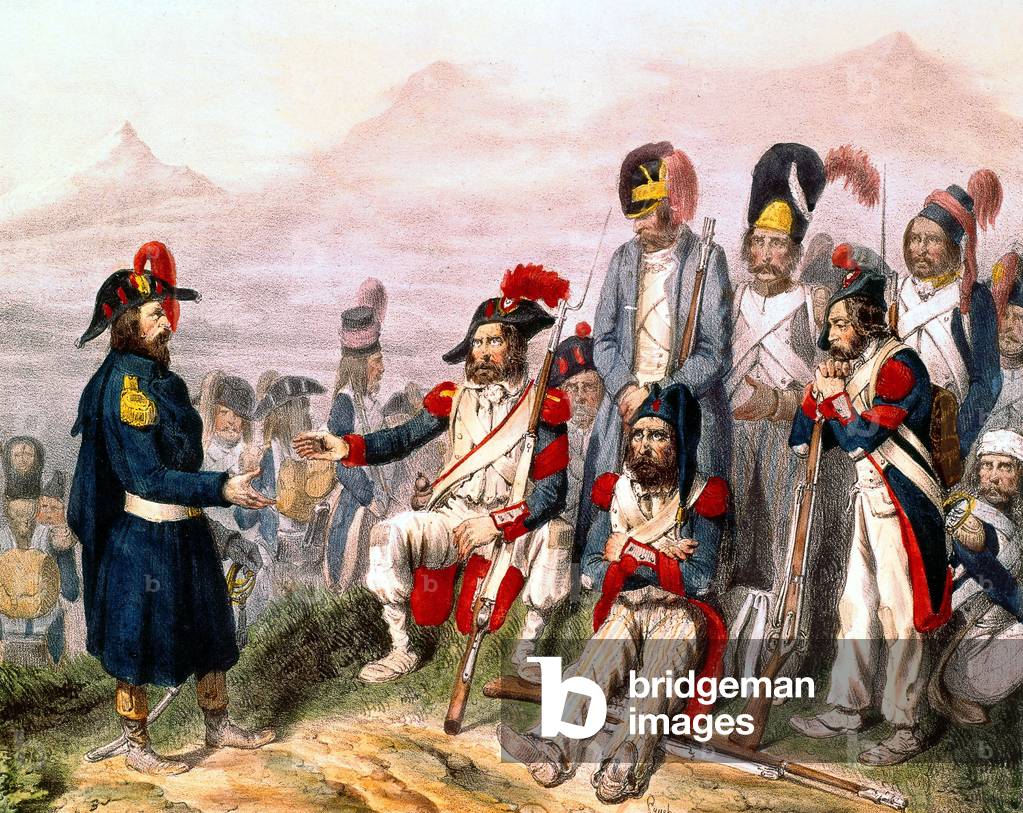 Italian army in 1796 during Campaign of Italy led by France against Austria Sardinia and Sicily : an officer is speaking with soldiers, engraving