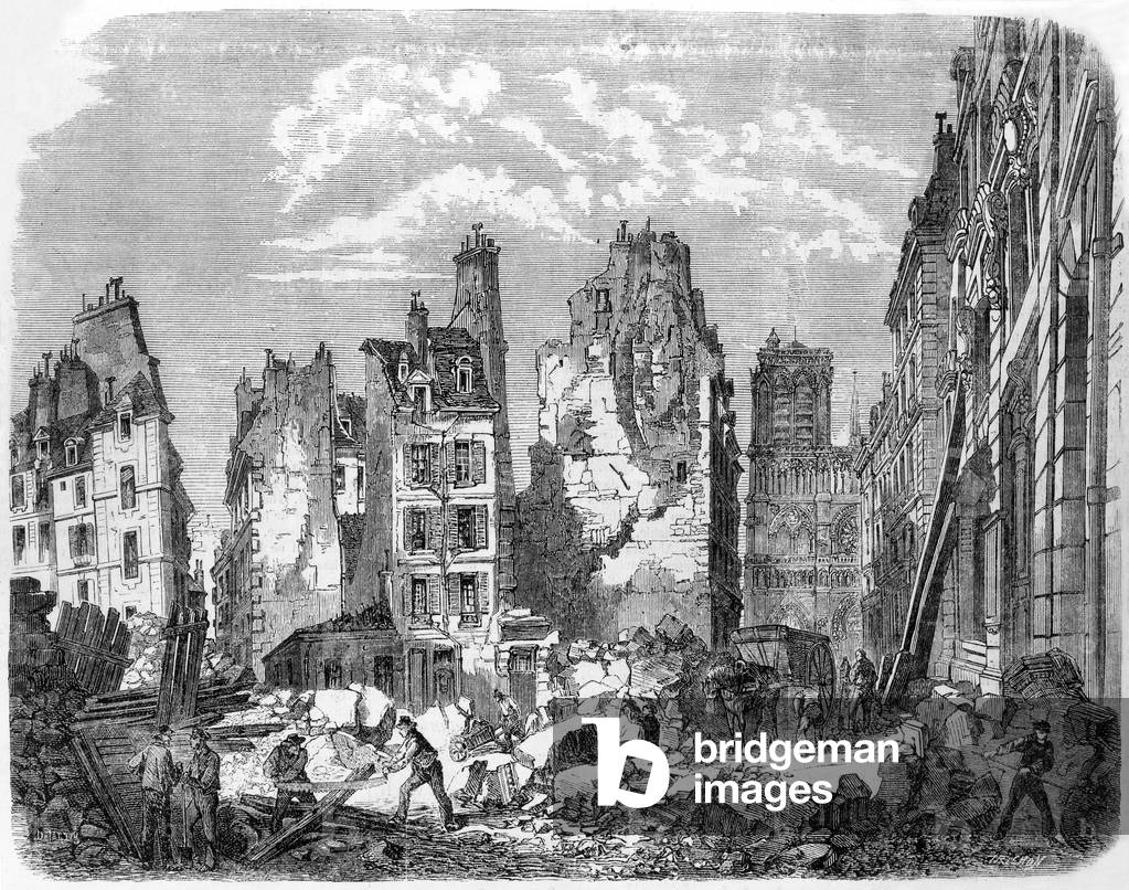The Haussmann Renovations in Paris : destruction of Cite island to build a new hospital, c. 1860, engraving