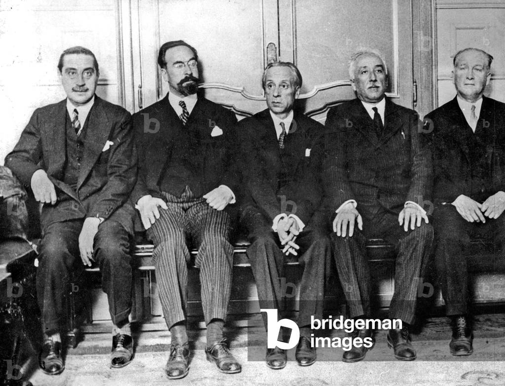 Victory for the Left : Five members of the first republican spanish government : l-r : Miguel Maura Fernand de Los Rias Alvaro de Albornoz Alcola Zamora and Francisco Largo Caballero in 1931 before the spanish civil war