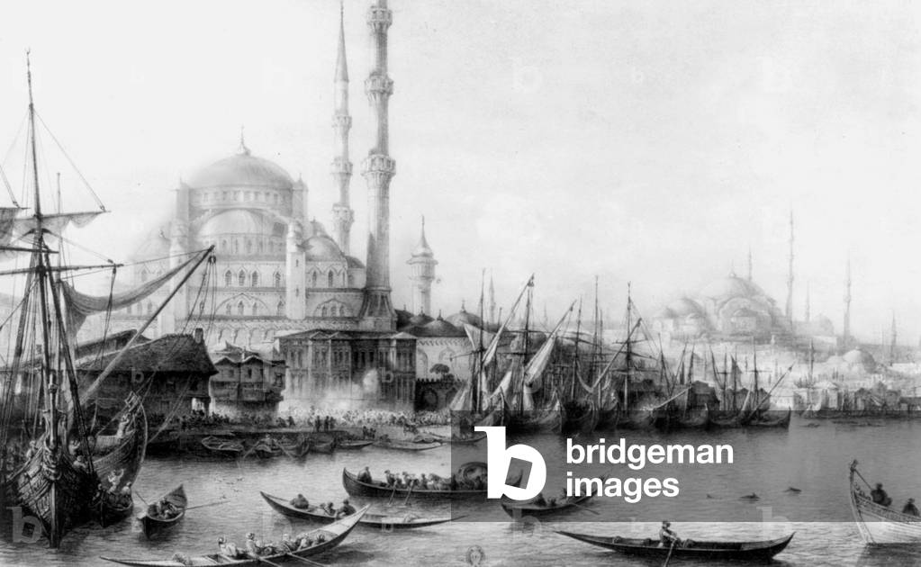Constantinople, Turkey : harbour and mosque, 19th century, engraving
