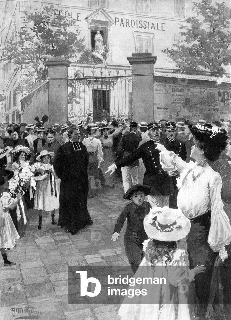 protest against expulsionof nuns teaching at the closing of schools of congregation c. 1903 before separation of the Church and the State in France in 1905, watercolor
